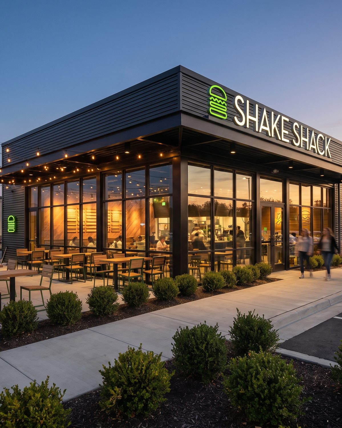 Shake Shack at dusk with patio.