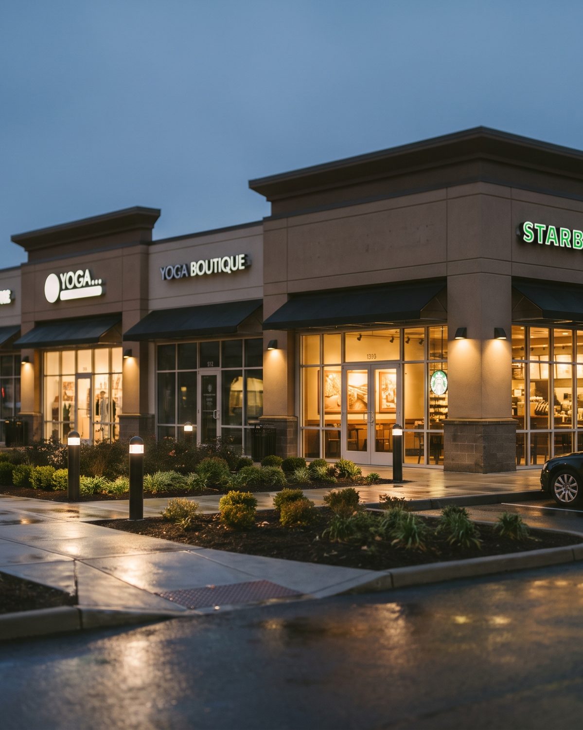 Retail strip with a single Starbucks endcap, dusk.