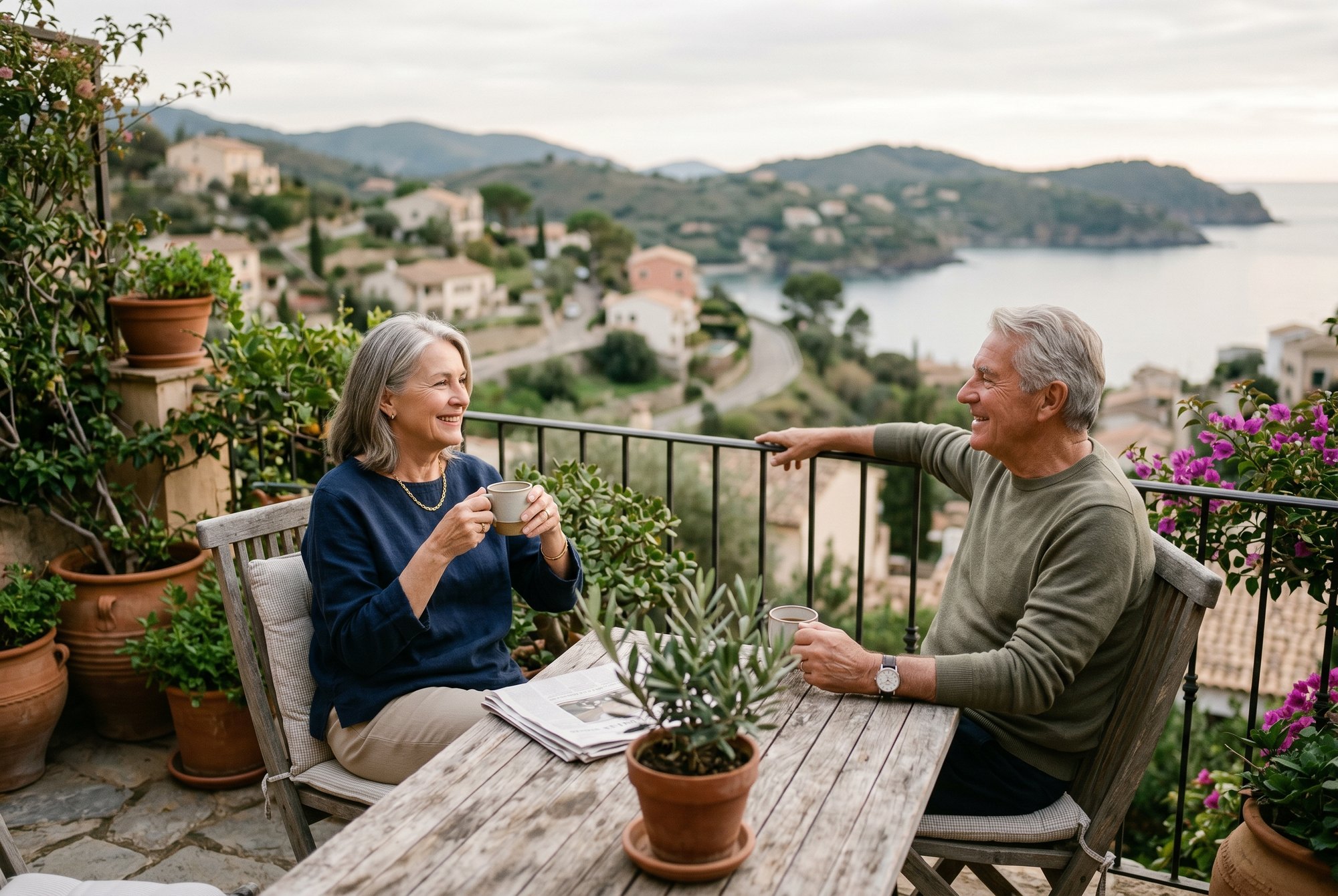 A couple at ease on a terrace, the calm that dependable income buys.