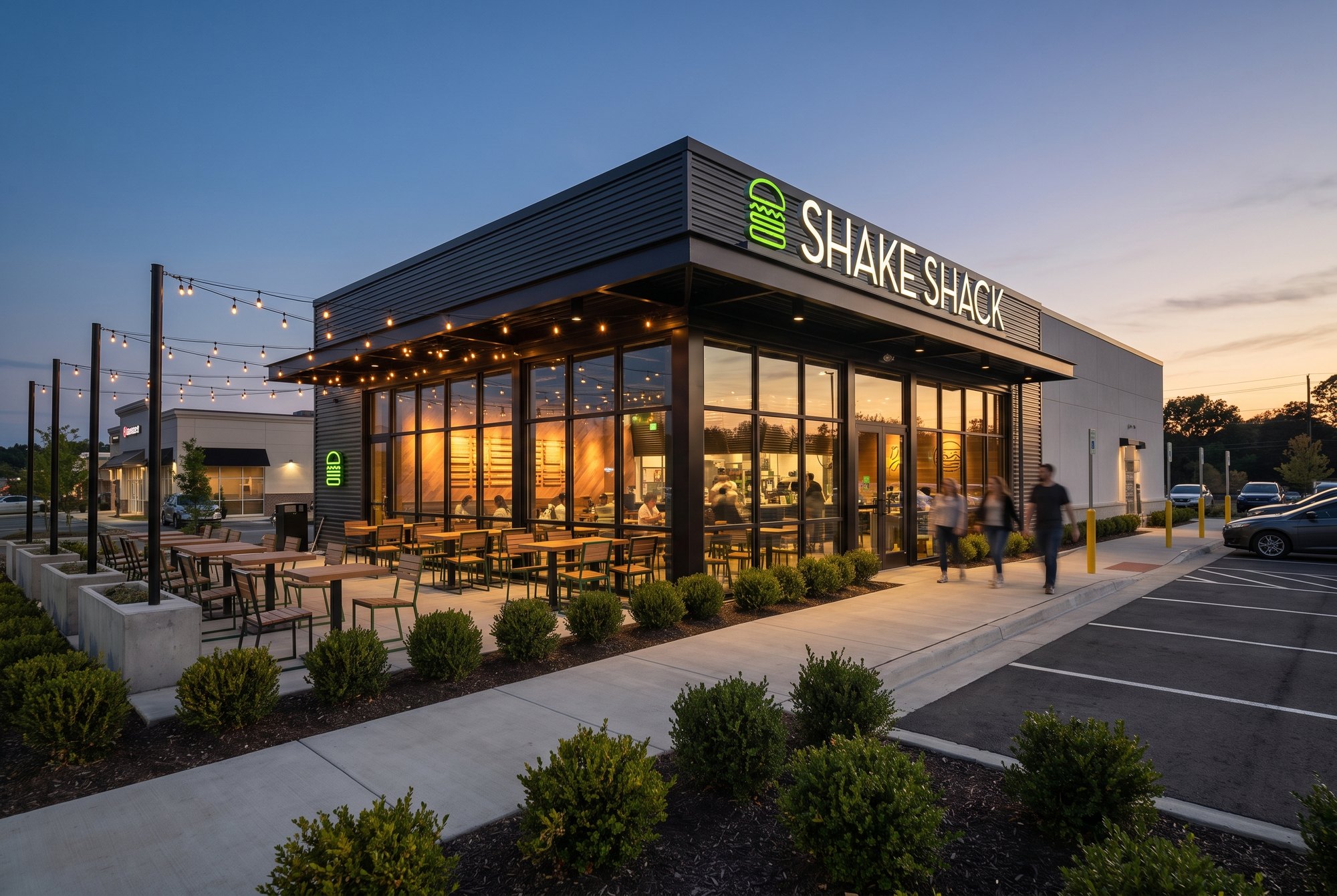 A Shake Shack at dusk, one of the assets in the curated universe.