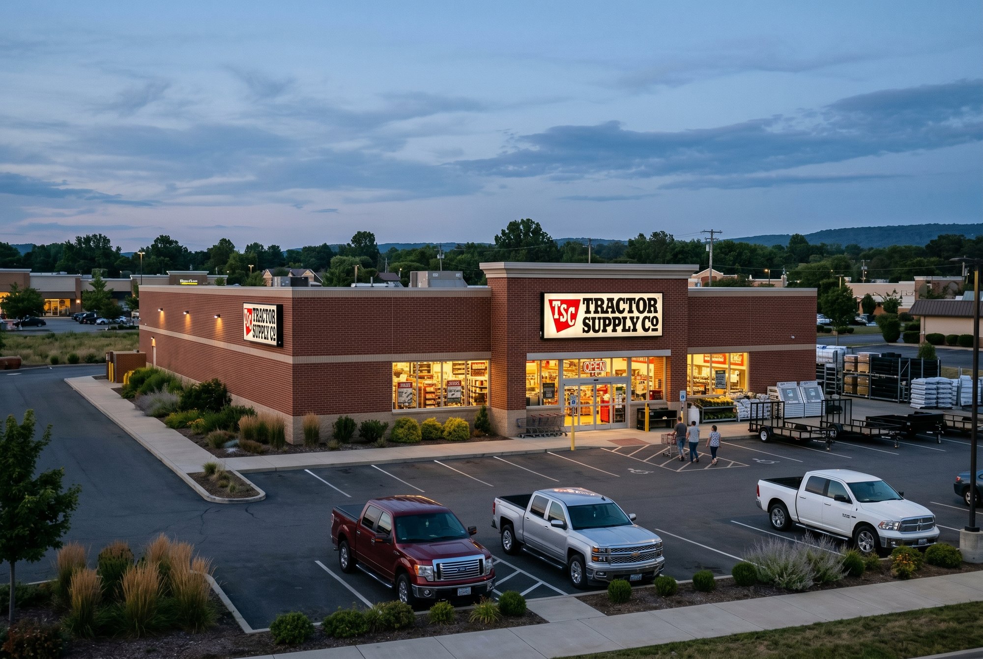 A Tractor Supply at dusk.