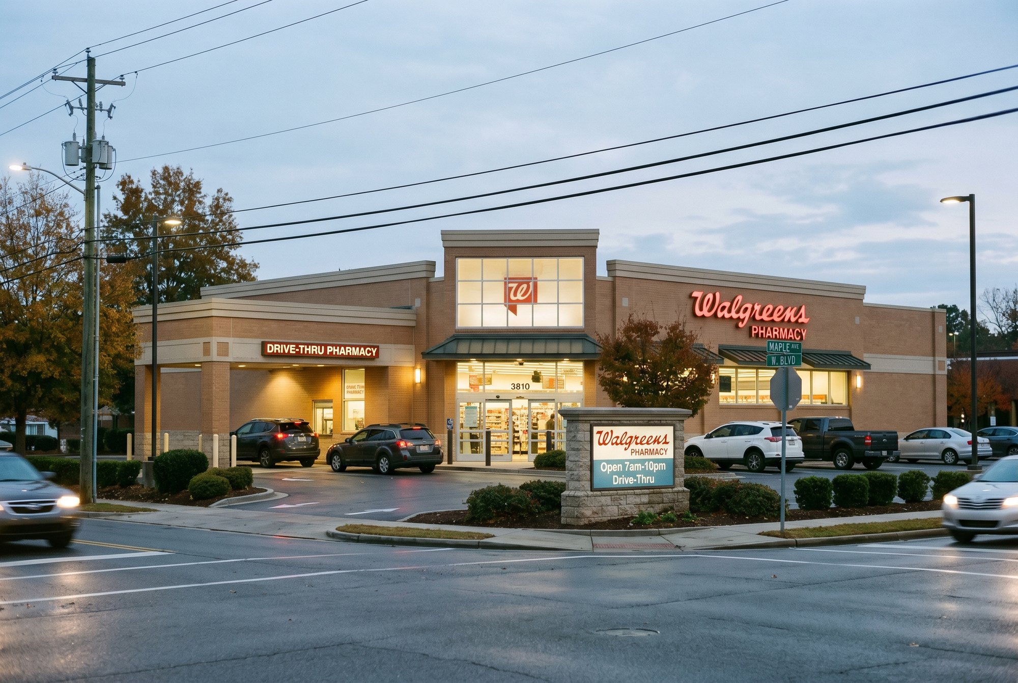 A Walgreens at dusk, the kind of everyday net-lease asset a buyer is glad to own.