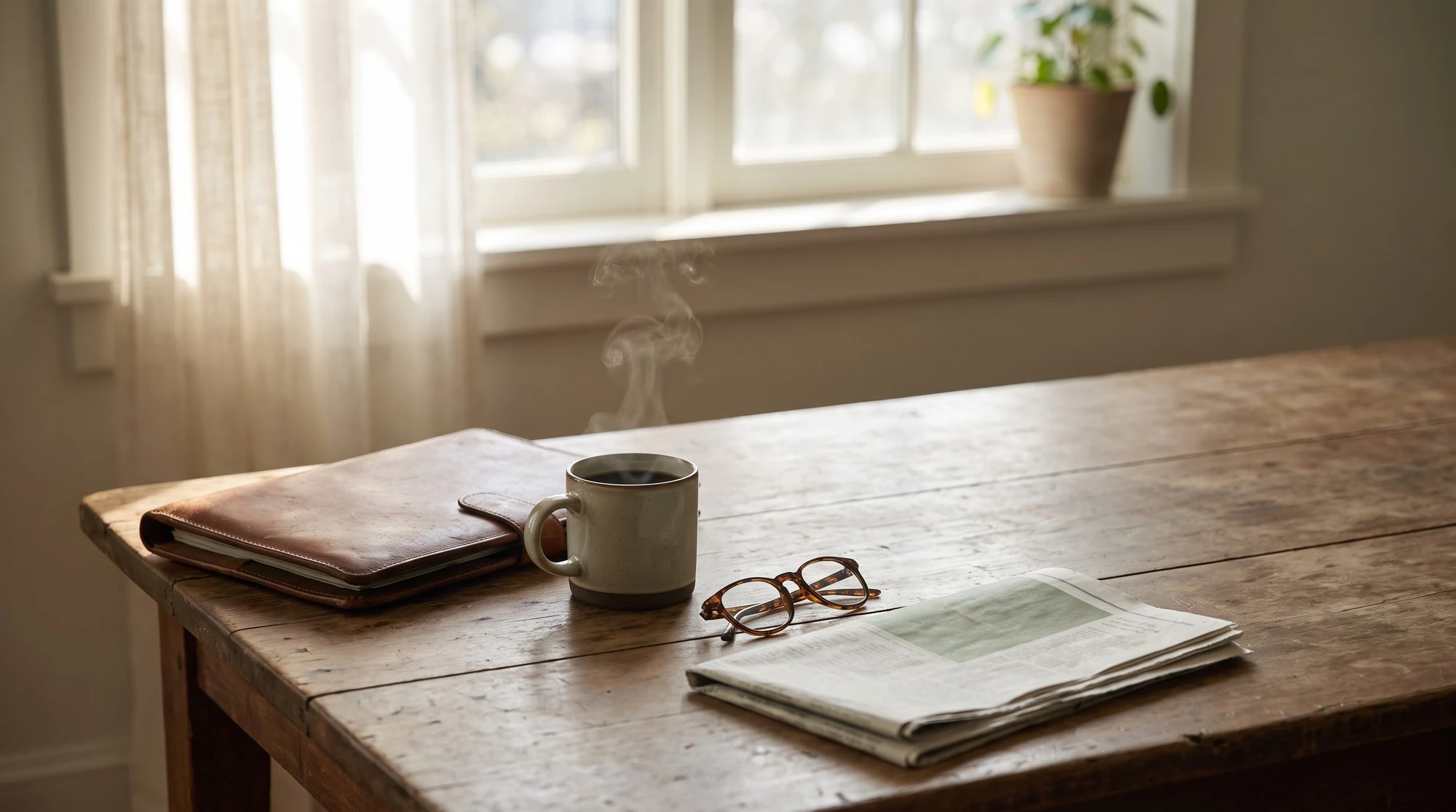 A calm desk in morning light, where a replacement-property search begins